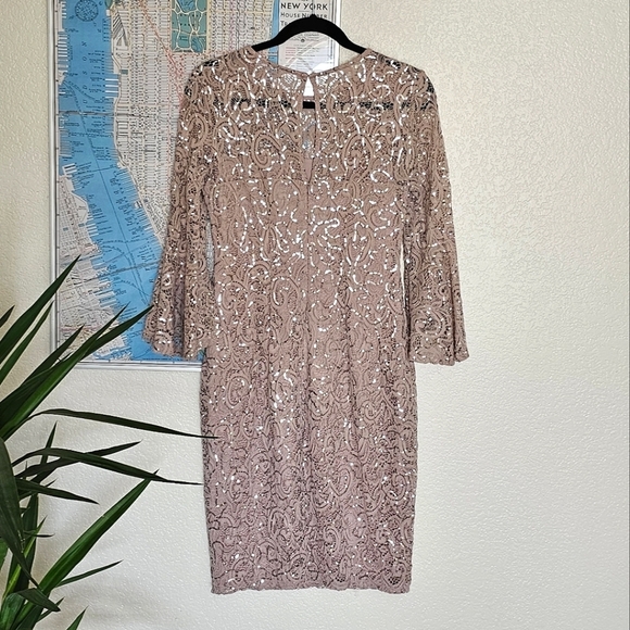 3 for $30! SALE Marina Lace Sequined Illusion Blush Sheath Bell Sleeve Dress - Picture 5 of 13